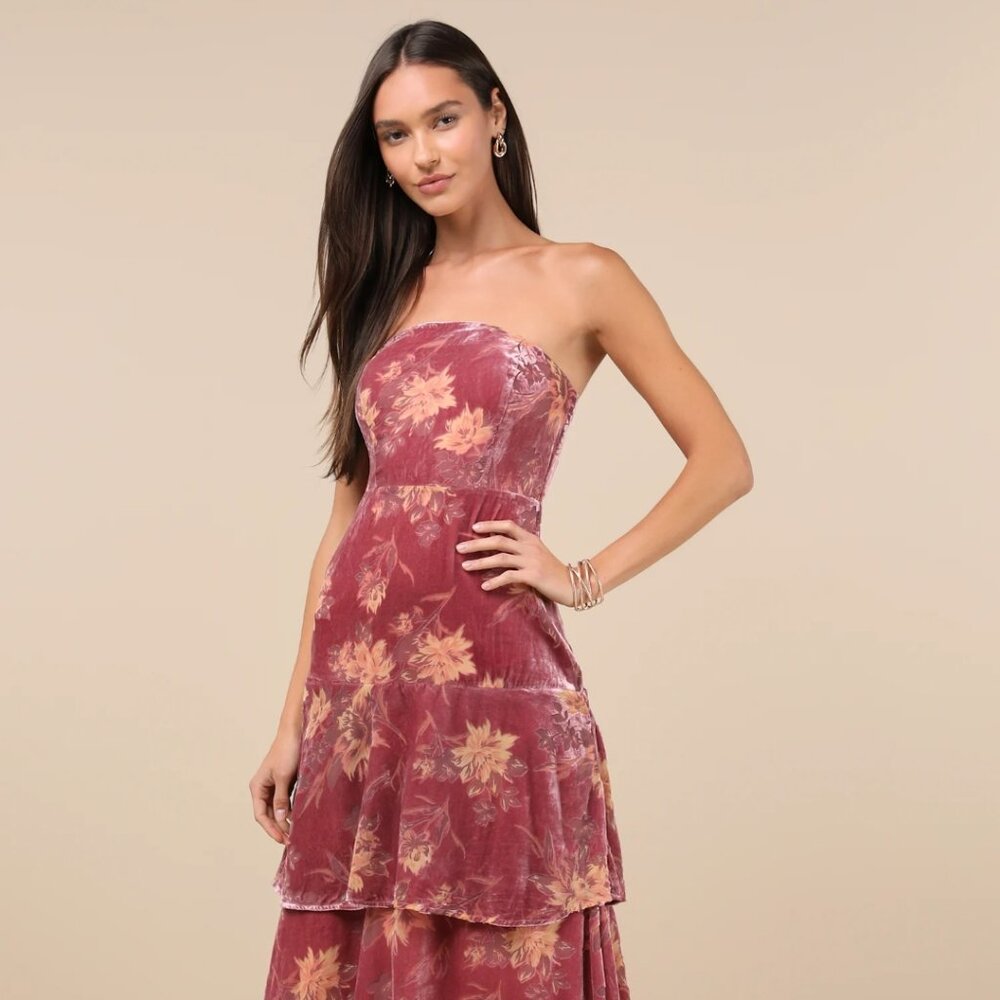 New Lulus Real Allure Rose Floral Burnout Velvet Strapless Maxi Dress - Size M